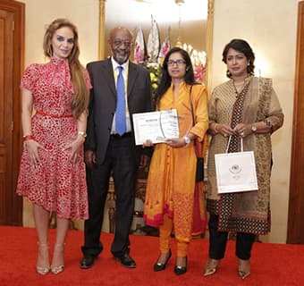 Dr. Rasha Kelej, CEO of Merck Foundation, President of the Republic of Mauritius, Her Excellency Mrs Ameenah Grurib-Fakim (centre) and Mr. Getachew Engida, Deputy Director General of UNESCO and along with the MARS winners 2017 at The State House of Maurit