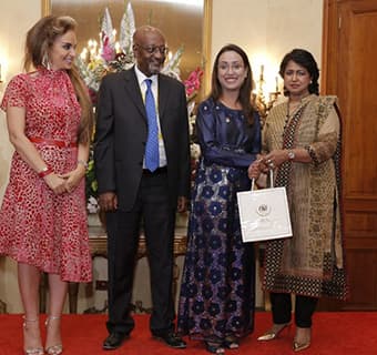 Dr. Rasha Kelej, CEO of Merck Foundation, President of the Republic of Mauritius, Her Excellency Mrs Ameenah Grurib-Fakim (centre) and Mr. Getachew Engida, Deputy Director General of UNESCO and along with the MARS winners 2017 at The State House of Maurit